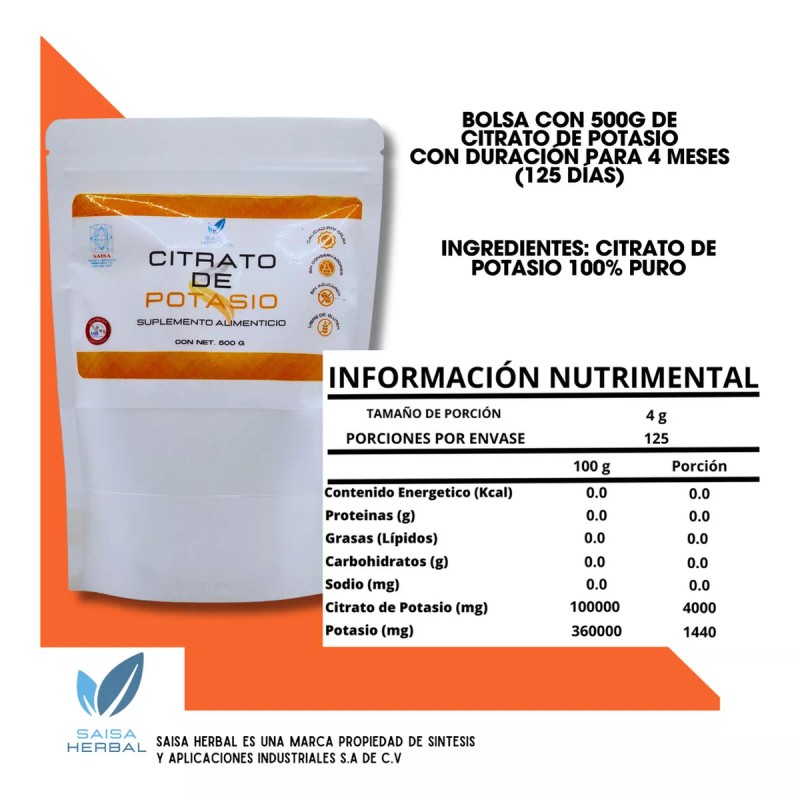 Saisa Herbal Citrato De Potasio En Polvo Bolsa Con 500