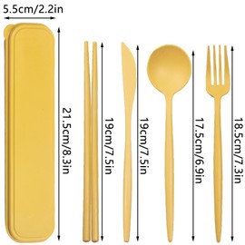 Reusable Travel Utensils Set with Case, Wheat Straw Portable Plastic Fork Spoon Knife Chopsticks Camping Cutlery, Eco-Friendly BPA Free Tableware Picnic Flatware for Kids Adults or Daily Use (Yellow)