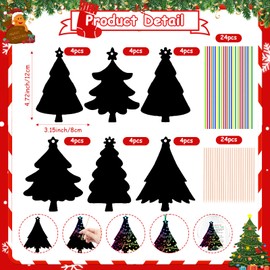 24 Sets Christmas Scratch Crafts Kits Christmas Tree Legend Themed Gifts Set Included Christma Tree Scratch Paper Rainbow Color with Wooden Stick Ribbon XMAS Art Ornament for Party Favors Class Reward
