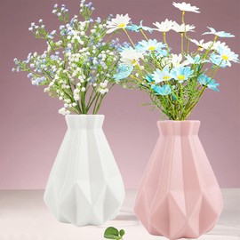 Fyfjur Plastic Vases for Flowers, 2 Pcs Creative Geometric Plastic Vase, Modern Durable Flower Vase, Minimalist Flower Vases for Living Room Office Wedding Decoration (20x14cm, White, Pink)