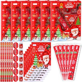 Ctosree 6 Set Christmas Stationery Set for Kids Includes Pencil Pencil Sharpener Eraser Ruler Mini Notebook, Xmas Party Themed Classroom Gift Exchange School Games Prizes Carnival Events