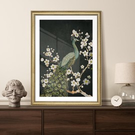 SIGNFORD Premium Framed Wall Art Majestic Peacock with Blossoms Vintage Illustrations Fine Art Farmhouse/Country Decorative Rustic Vintage Antique Classic for Bedroom - 26"x36" Gold