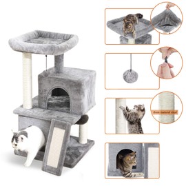 PAWZ Road 34 Inches Cat Tree Multilevel Cat Tower with Double Condos, Spacious Perch, Fully Wrapped Scratching Sisal Post and Replaceable Dangling Balls Gray