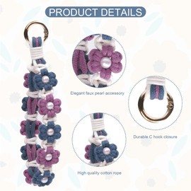 elephtree Boho Macrame Keychain Wristlet Keychain Weave Exquisite Keyring Holder Bracelet Handmade Wrist Lanyard for Women, Purple Flower With Pearl, no