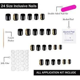 Press on Nails Short Square OFDNE Black Fake Nails with Gold Foil Designs False Nails Full Cover Glossy Glue on Nails Solid Colours Stick on Nails Acrylic Nails for Women Girls 24 Pcs