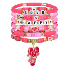 mintolex Valentines Gifts for Her Pink Love Heart Heishi Letter Beaded Bracelet Set for friends, Girlfriend, Wife, Sister, Galentines, Women Valentine’s Day Outfits Costume Accessories - HAPPY LOVE