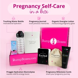 Bump Boxes 1st Trimester Pregnancy Gifts for Expecting Moms with Water Bottle, Journal, Lotion and Milestone Cards, Gift for Mother to Be
