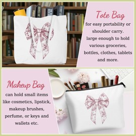 SAPEYKR Preppy Coquette Pink Floral Print Bows Canvas Tote Bag Tote Bags Set, Preppy Stuff, Cute Aesthetic Gifts for Women Mom Friendship Mother's Day Reusable Shopping Grocery Bags Travel Makeup Bag