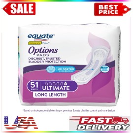 Equate Options Women's Incontinence Pads, Ultimate Absorbency, Long Length,51Cnt