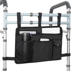 Walker Bag Multiple Pockets Walker Basket for Folding Walker with Cup Holder Bag for Walkers for Seniors Rollator Accessories Bag Black