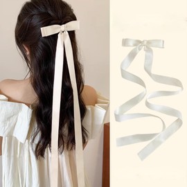 Yheakne Vintage Black Bow Hair Clip Barrette Long Tail Black Bow Hair Clip Barrette Bowknot Barrettes Silky Ribbon Barrettes Silky Hairclip Headwear Jewelry for Women (White)