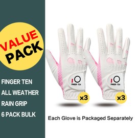 FINGER TEN Women’s Golf Gloves Ladies Left Hand Right Handed Golfer Value 6 Pack, All Weather Rain Grip Glove Pink Fit Small Medium Large XL (6 Pack Pink, Small, Right)