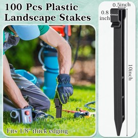 Jetec 100 Pack Plastic Landscape Edging Anchoring Stakes Bulk 10'' 12'' Black Garden Landscape Anchoring Stake Plant Support Lawn Stake for Garden and Yard(10 Inch)