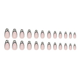 24Pcs Almond Press on Nails Medium Length French Tips Fake Nails Pink False Nails with Glitter Stripe Designs Reusable Acrylic Glue on Nails Full Cover Nail Tips for Women and Girls