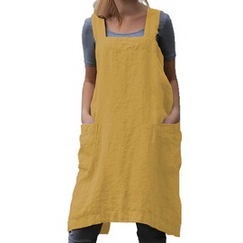 TBA Cotton Linen Apron Cross Back Apron for Women with Big Pockets Square Pinafore Dress for Baking Cooking BBQ & Grill, Yellow, Small