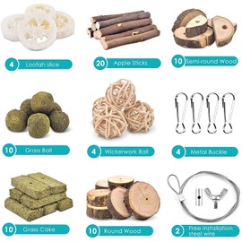 ERKOON 70 Pieces Rabbit Toy, Small Animals Chew Toy Rabbits Natural Timothy Grass Chew Balls Nibbler Wooden Chain Grass Toy Dental Care for Bunnies Chinchilla Hamster Guinea Pigs Gerbils