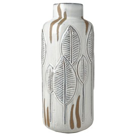 Mikasa Embossed Leaves White and Beige Ceramic Vase, 5.91x5.91x13.78 Inch