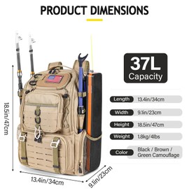 Romatime 37L Fishing Tackle Backpack with Rod Strap, Insulated Outdoor Tackle Bag with Protective Rain Cover, Brown