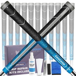 Geoleap Golf Club Grips Set of 13 - Grips with 15 Tapes and Grips with All Repair Kits for Choice,High Feedback with Back Rib Technology,All-weather Performance, Cross Corded Rubber Technology Golf Grips.(Blue-Pro Kit(13 Grips with All Repair Kits), Stan