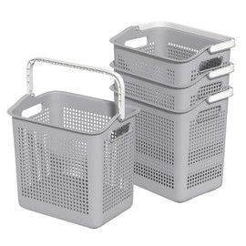40 L Easy to Carry Plastic Laundry Hamper, 4-Pack Dirty Clothes Storage Basket with Handles, Gray