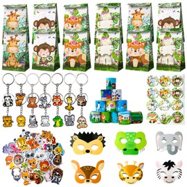 98 Pieces Animal Gift Children's Birthday, Animals Theme Gift Bag Bracelets Key Ring Animals Paper Mask Kids Stickers Jungle Party Accessories for Girls Boys Invitations Gift