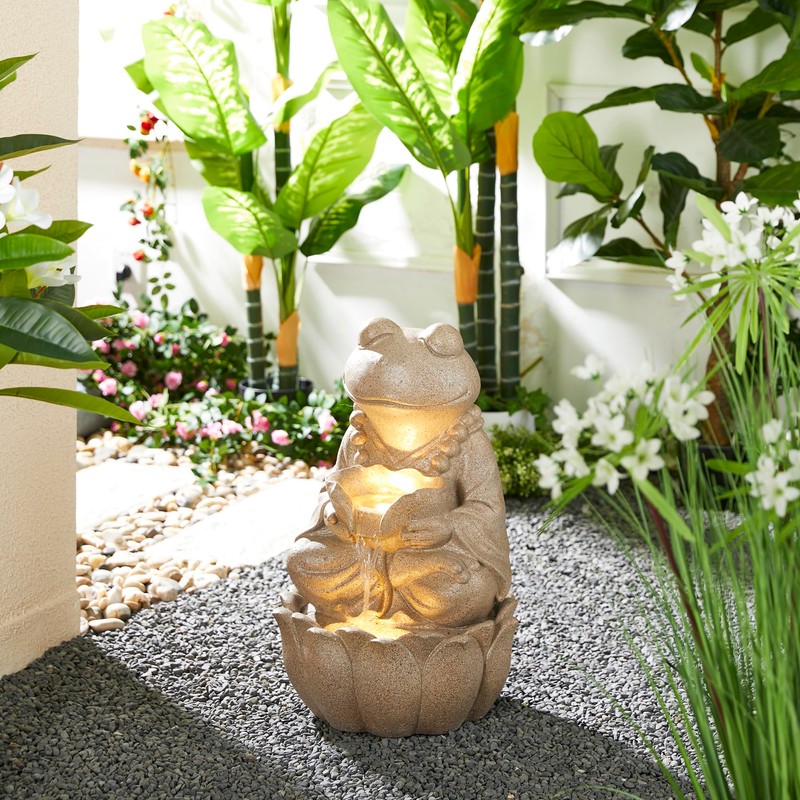 Glitzhome 2-Tiered Zen-Style Frog Polyresin Outdoor Fountain with Pump and