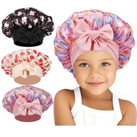 IJRPLM 3 Pcs Satin Bonnet for Kids,Kids Hair Bonnet for Sleeping,3 Cute Patterns Soft Kids Satin Bonnet,Baby Silk Bonnet with Tie Band for Under 5 Years Girls Boys Toddler(Pink/Black/Beige)
