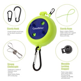 Caudblor Portable Camping Clothesline Cord,Retractable Travel Clothes line, Laundry Drying Rope for Hotel Trip, Cruise, Outdoor, with 12Pcs Stoppers, Windproof Clothespins