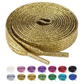 Olukssck 2 Pairs Glitter Shoelaces for Sports Shoes and Trainers, Coloured Flat Shoe Laces, 10 mm Wide, Gold, 140 cm