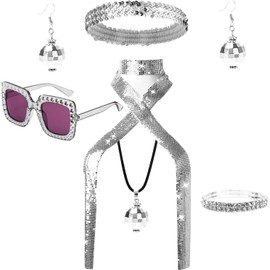 1970s Disco Party Accesorios Vintage Conjunto De Lentejuelas,Accesorios Hippie Mujer,Set Disfraces Bola Disco Pendientes Diadema Anillo y Gafas de Sol,Accesorios Disfraz Discoteca