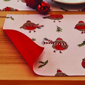 Catherine Lansfield Dining Christmas Robins Cotton 30x46 cm Placemat Pair White Red