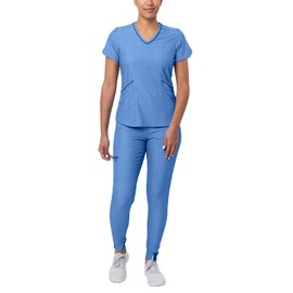 Adar Uniforms Women's Modern Scrub Set Athletic V-Neck Top & Yoga Jogger Pants - P9500H - Heather French Blue - XS