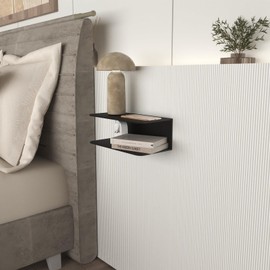 Floating Wall Shelf with Two Tiers | Modern Bedside Organizer and Small Space Nightstand | Minimalist Metal Wall Mounted Storage Shelf for Bedroom, Living Room, and Office