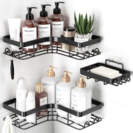 Sakugi Corner Shower Caddy, Large, 2-Pack, Soap Holder & Hooks, Black