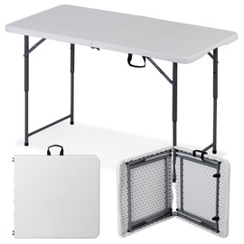 Saicool 4FT Fold in Half Folding Table, Duty Event Table Height Adjustable19 to 24 to 29in Indoor Outdoor Plastic Camping Table w Carring Handle Lock for Picnic, Party, BBQ, White (4FT)