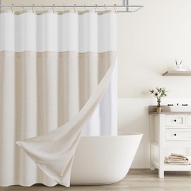 Naturoom Beige Linen Shower Curtain with Snap in Liner Set Rustic Farmhouse Shower Curtains for Bathroom 200GSM Textured Cream Burlap Cloth Double Bath Curtains with See Through Top Window 72x72