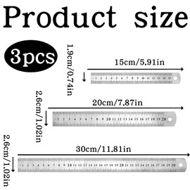 Metal Ruler, 3 Pieces, Stainless Steel Ruler, Steel Ruler, Metal Ruler Set, 15 cm, 20 cm, 30 cm with Double Scale, Edge Measuring Tool, Metal Steel Ruler for Students, Teaching, Office, Drawing,