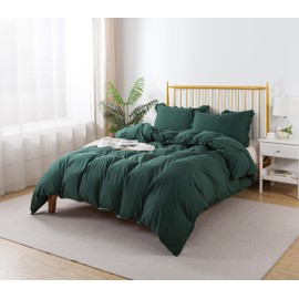 KAIANG Super Soft Queen Size Duvet Cover - 100% Washed Microfiber Dark Green Comforter Cover Set 3 Pieces with Zipper Closure & Corner Ties Ruffled Chic Boho Pillowcase (No Comforter)