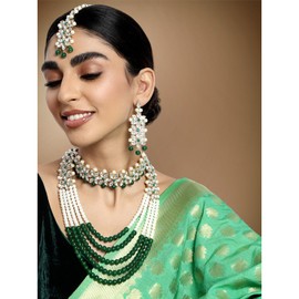 Aheli Wedding Party Wear Bridal Jewellery Choker Long Pearl Necklace Earrings Maang Tikka Indian Traditional Set Gift for Women Green