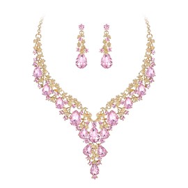 BriLove Women's Wedding Bridal Austrian Crystal Teardrop Flower Cluster Statement Necklace Dangle Earrings Jewelry Set Pink Gold-Tone