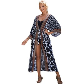 RanRui Swimsuit Cover up Black White Kimonos for Women Long Sleeve Stone Print Open Front Kimono Duster Women tie dye Leopard Print Beach Blouse Long Beach Kimonos Robe Swim Cover ups 1085-5
