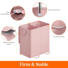 Lifewit Double Laundry Hamper with Lid and Removable Laundry Bags, Large Collapsible 2 Dividers Dirty Clothes Basket with Handles for Bedroom, Laundry Room, Closet, Bathroom, College, Pink
