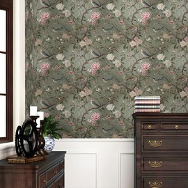 REDAMANCY Vintage Tea Green/Pink/White Floral Plants Birds Butterfly Peel and Stick Wallpaper Stick on Contact Paper Vintage Wall Paper Easy Peel Off for nightstand Drawer Cabinet Renter
