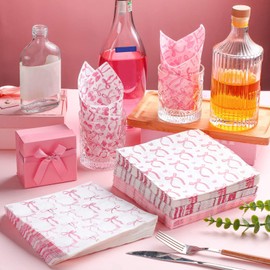 200 Pcs Pink Bow Paper Napkins 2 Ply 6.5 x 6.5 Inches Coquette Guest Napkin Bachelorette Bow Theme Party Decorations Baby Shower Bridal Engagement Girl Birthday Valentine‘s Day Home Party Supply
