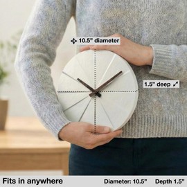 Driini Staircase Modern Wall Clock - Unique 10.5 in. Frameless Concrete Design - Contemporary, Minimalist Decor; No Numbers - Silent Battery Operated Clocks with Decorative Wooden Hands; White