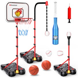 4 in 1 Kids Basketball Hoop and T Ball Set for Toddlers 3-5, Adjustable Height Toddler Basketball Hoop with Baseball, Indoor Outdoor Sport Gifts Christmas Toys for Boys Girls 3-8