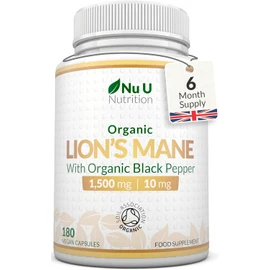 Organic Lions Mane Supplement 1500mg - 180 High Strength Vegan Capsules - 6 Month Supply - Lion’s Mane Mushroom with Organic Black Pepper - Made in The UK - Nu U Nutrition