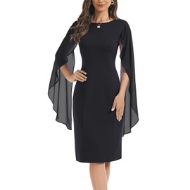 HELYO Women's Mini Cape Chiffon Cloak Sleeve Dresses V-Back Semi Formal Knee Length Elegant Pencil Wedding Guest Evening Cocktail Party Dress 882 Black M