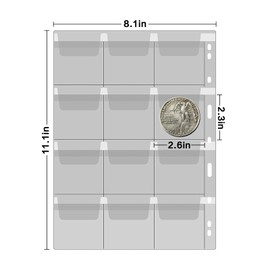12 Sheets Coin Storage Coin Collection Pages, Coin Pocket for Coin Album, 12 Compartments 58 x 66 mm Coin Sleeves Scrapbook Coin Sheets for Euro Collector's Coins Silver Coins Commemorative Coins