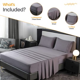 CHENILLE HOME Waterproof Fitted Bed Sheet Set - 3 Piece, Comfortable Breathable Noiseless Mattress Protector, Deep Pocket Hypoallergenic Cover Up to 16” Mattress(Twin XL, State Gray)